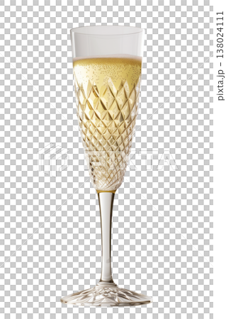 A crystal champagne glass flute filled with bubbly golden drink isolated on white background, concept celebration A crystal champagne glass flute filled with bubbly golden drink isolated on white background, concept celebration 138024111