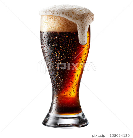 A cold dark beer in a tall glass with foam, isolated on a white background, symbolizing refreshment and taste 138024120