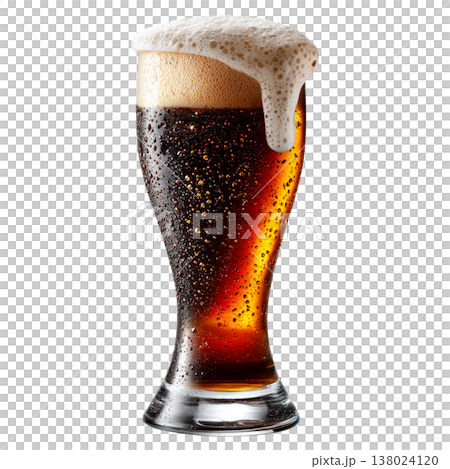 A cold dark beer in a tall glass with foam, isolated on a white background, symbolizing refreshment and taste 138024120