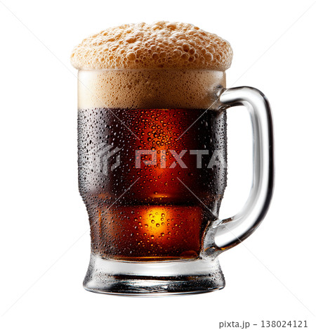 Mug of amber beer with foam head isolated on a white background, conveying refreshment and enjoyment 138024121