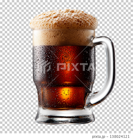 Mug of amber beer with foam head isolated on a white background, conveying refreshment and enjoyment 138024121