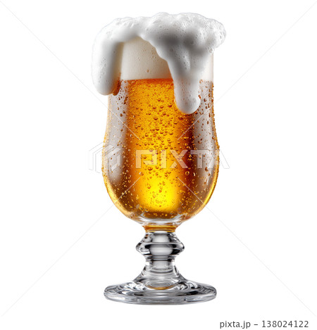A glass of golden beer with thick foam shown isolated on white background, concept of refreshment and celebration 138024122
