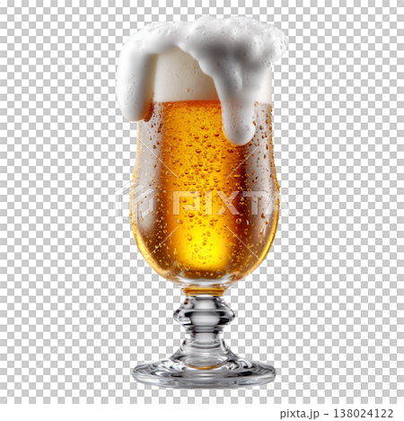 A glass of golden beer with thick foam shown isolated on white background, concept of refreshment and celebration 138024122