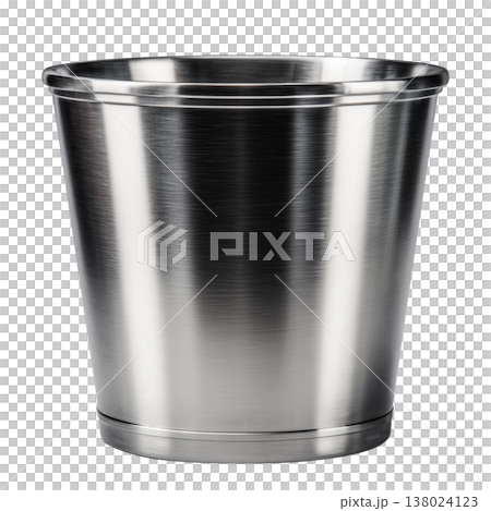 Stainless steel bucket isolated on white background, representing cleanliness, utility, simplicity and household function 138024123