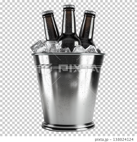Metal bucket filled with cold drink bottles and ice, isolated on white background, symbolizing refreshment chill 138024124