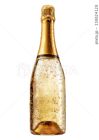 Chilled drink in champagne bottle with droplets and gold foil isolated on white background showing refreshment concept idea Chilled drink in champagne bottle with droplets and gold foil isolated on white background showing refreshment concept idea 138024128