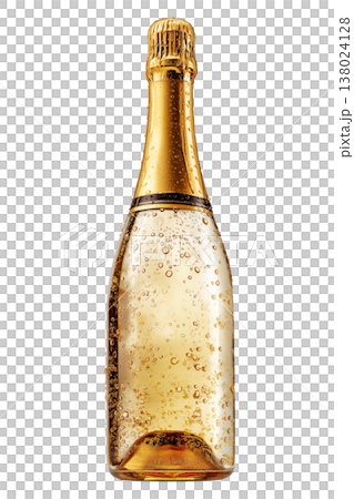 Chilled drink in champagne bottle with droplets and gold foil isolated on white background showing refreshment concept idea Chilled drink in champagne bottle with droplets and gold foil isolated on white background showing refreshment concept idea 138024128