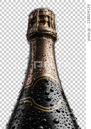 Black champagne bottle with gold foil water drop isolated on white background, concept of festive celebration event Black champagne bottle with gold foil water drop isolated on white background, concept of festive celebration event 138024129