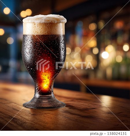 Foamy amber beer in a pint glass, on a rustic wooden bar background, conveying a concept of refreshment 138024131