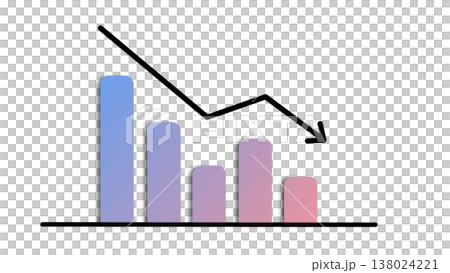 A downward-sloping bar graph with a downward arrow: an image of declining sales and decreased performance (pink-purple gradient). A downward-sloping bar graph with a downward arrow: an image of declining sales and decreased performance (pink-purple gradient). 138024221