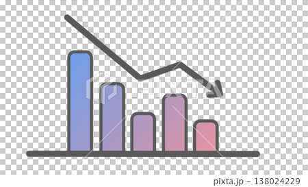 A downward-sloping bar graph with a downward arrow: an image of declining sales and decreased performance (pink-purple gradient). 138024229