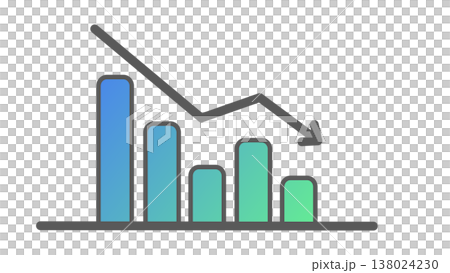 A downward-sloping bar graph with a downward arrow represents deteriorating business performance and declining sales (blue gradient). 138024230