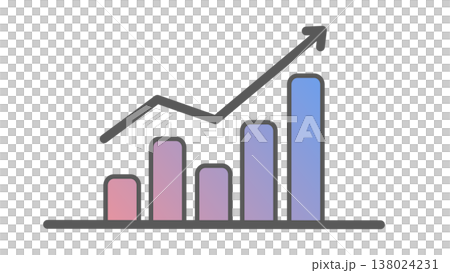 An upward-sloping bar graph with an upward arrow: an image of growth and increased sales (pink-purple gradient). 138024231