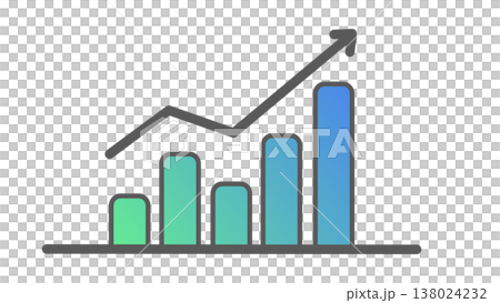 Upward-sloping bar graph with upward arrow: Image of business growth and improved performance (blue gradient) 138024232
