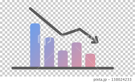 A downward-sloping bar graph with a downward arrow: an image of declining sales and decreased performance (pink-purple gradient). 138024233