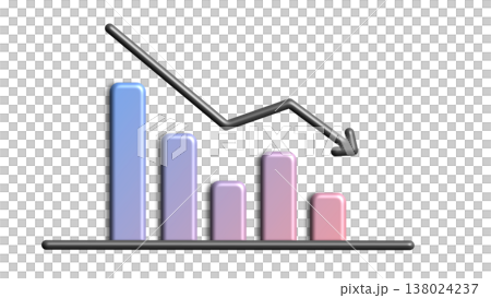 A downward-sloping bar graph with a downward arrow: an image of declining sales and decreased performance (pink-purple gradient). A downward-sloping bar graph with a downward arrow: an image of declining sales and decreased performance (pink-purple gradient). 138024237