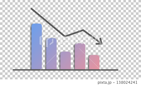 A downward-sloping bar graph with a downward arrow: an image of declining sales and decreased performance (pink-purple gradient). A downward-sloping bar graph with a downward arrow: an image of declining sales and decreased performance (pink-purple gradient). 138024241