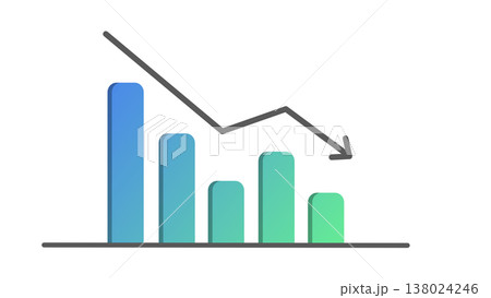 右肩下がりの棒グラフと下降矢印　業績悪化・売上減少イメージ（青グラデーション） 138024246