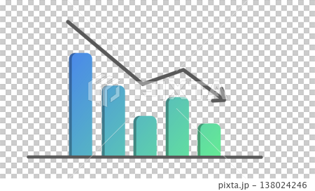 右肩下がりの棒グラフと下降矢印　業績悪化・売上減少イメージ（青グラデーション） 138024246