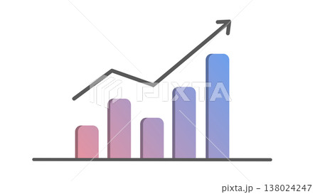 右肩上がりの棒グラフと上昇矢印　成長・売上アップイメージ（ピンクパープルグラデーション） 138024247