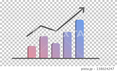 右肩上がりの棒グラフと上昇矢印　成長・売上アップイメージ（ピンクパープルグラデーション） 138024247