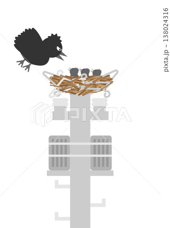 電柱にカラスの鳥の巣が作られてしまったイメージイラスト素材 電柱にカラスの鳥の巣が作られてしまったイメージイラスト素材 138024316