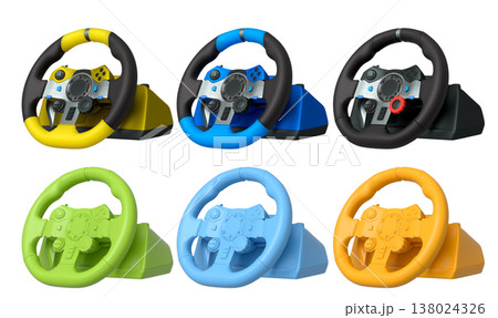 Set of racing game steering wheels isolated on white background with clipping path 138024326