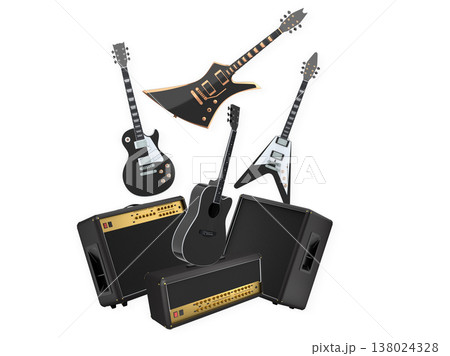 Set of electric acoustic guitars and amplifiers on white background Set of electric acoustic guitars and amplifiers on white background 138024328