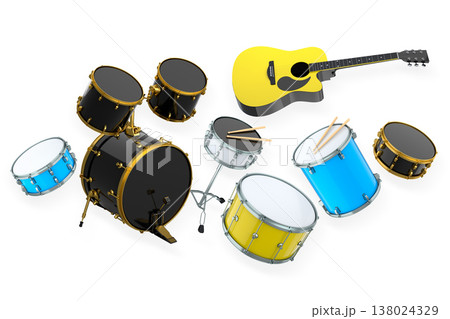 Set of electric acoustic guitars and drums with cymbals on white background 138024329