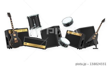 Set of electric acoustic guitars and drums with cymbals on white background Set of electric acoustic guitars and drums with cymbals on white background 138024331