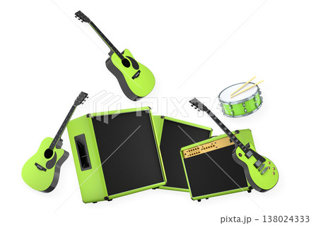 Set of electric acoustic guitars and drums with cymbals on white background 138024333