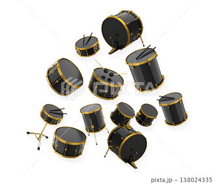 Set of drums and drumset with metal cymbals on white background 138024335