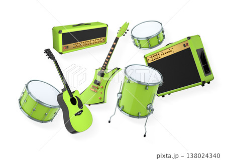 Set of electric acoustic guitars and drums with cymbals on white background 138024340
