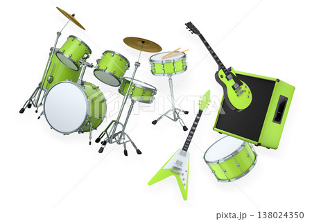 Set of electric acoustic guitars and drums with cymbals on white background Set of electric acoustic guitars and drums with cymbals on white background 138024350