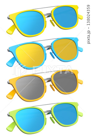Set of sunglasses with gradient lens and plastic frame on white background. Set of sunglasses with gradient lens and plastic frame on white background. 138024359