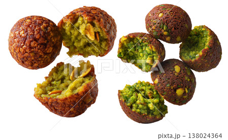 Set of Taameya Egyptian falafel balls made from chickpeas or fava beans, isolated on white background, concept of Arabic food Set of Taameya Egyptian falafel balls made from chickpeas or fava beans, isolated on white background, concept of Arabic food 138024364