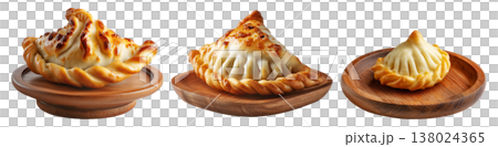 Set of Sambousek small crescent baked dumpling with twisted and pinched crust with cheese or meat, isolated on white background Set of Sambousek small crescent baked dumpling with twisted and pinched crust with cheese or meat, isolated on white background 138024365