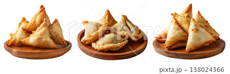 Set of Briouat triangular fruit filled pastries, phyllo pastries filled with meat or almonds on white, Arabic sweet desserts 138024366