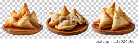 Set of Briouat triangular fruit filled pastries, phyllo pastries filled with meat or almonds on white, Arabic sweet desserts 138024366