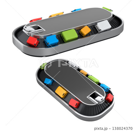 Set of Airport luggage conveyor belt or baggage claim area with suitcases on white. 138024370