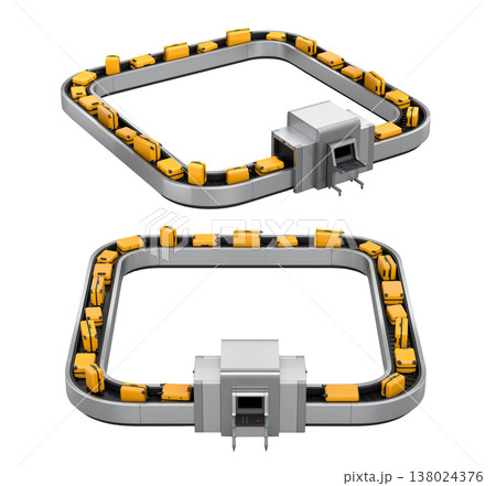 Set of Airport luggage conveyor belt or baggage claim area with suitcases on white. 138024376