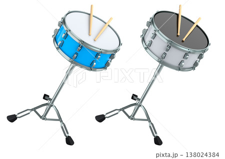 Set of drums and wooden drum sticks on white. 3d render of musical instrument 138024384