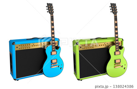 Set of amplifier with acoustic guitar isolated on white background. 138024386
