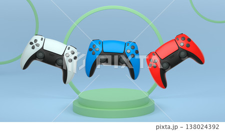Colorful gaming controllers joystick levitating over podium against abstract background, minimalist concept device on pedestal 138024392