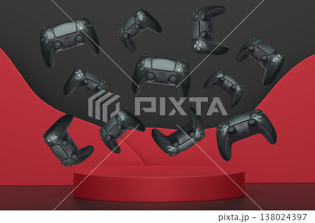 Colorful gaming controllers joystick levitating over podium against abstract background, minimalist concept device on pedestal Colorful gaming controllers joystick levitating over podium against abstract background, minimalist concept device on pedestal 138024397