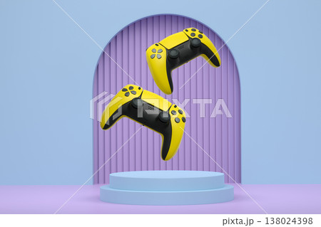 Colorful gaming controllers joystick levitating over podium against abstract background, minimalist concept device on pedestal Colorful gaming controllers joystick levitating over podium against abstract background, minimalist concept device on pedestal 138024398