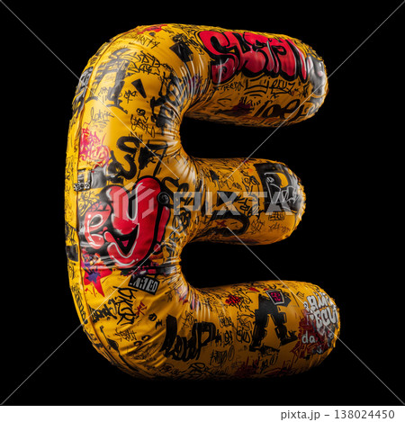 3D inflated E letter filled with bold graffiti tag in street art style on black backdrop with clipping path, urban creativity vibe 138024450