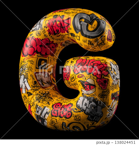 3D inflated G letter filled with bold graffiti tag in street art style on black backdrop with clipping path, urban creativity vibe 138024451