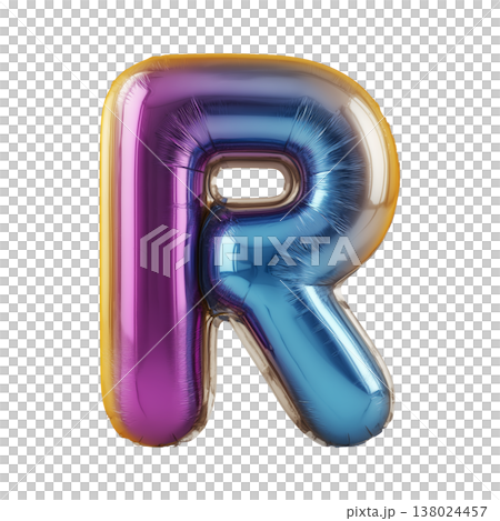 Multicolor metallic inflated balloon letter R shown in glossy style isolated on white background, celebration and festive concept Multicolor metallic inflated balloon letter R shown in glossy style isolated on white background, celebration and festive concept 138024457