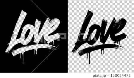 Grunge graffiti LOVE text in bold brush style on split black transparent background, concept of urban emotion feelings Grunge graffiti LOVE text in bold brush style on split black transparent background, concept of urban emotion feelings 138024472